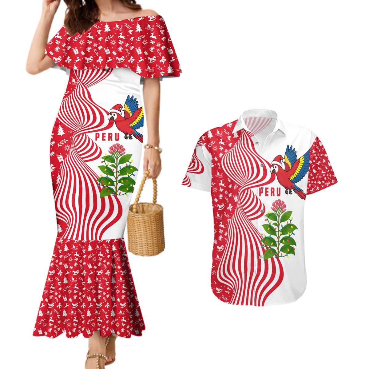 Peru Christmas Couples Matching Mermaid Dress and Hawaiian Shirt with Santa Macaw Cantuta Flower Red Swirl Pattern and Festive Design - Wonder Print Shop