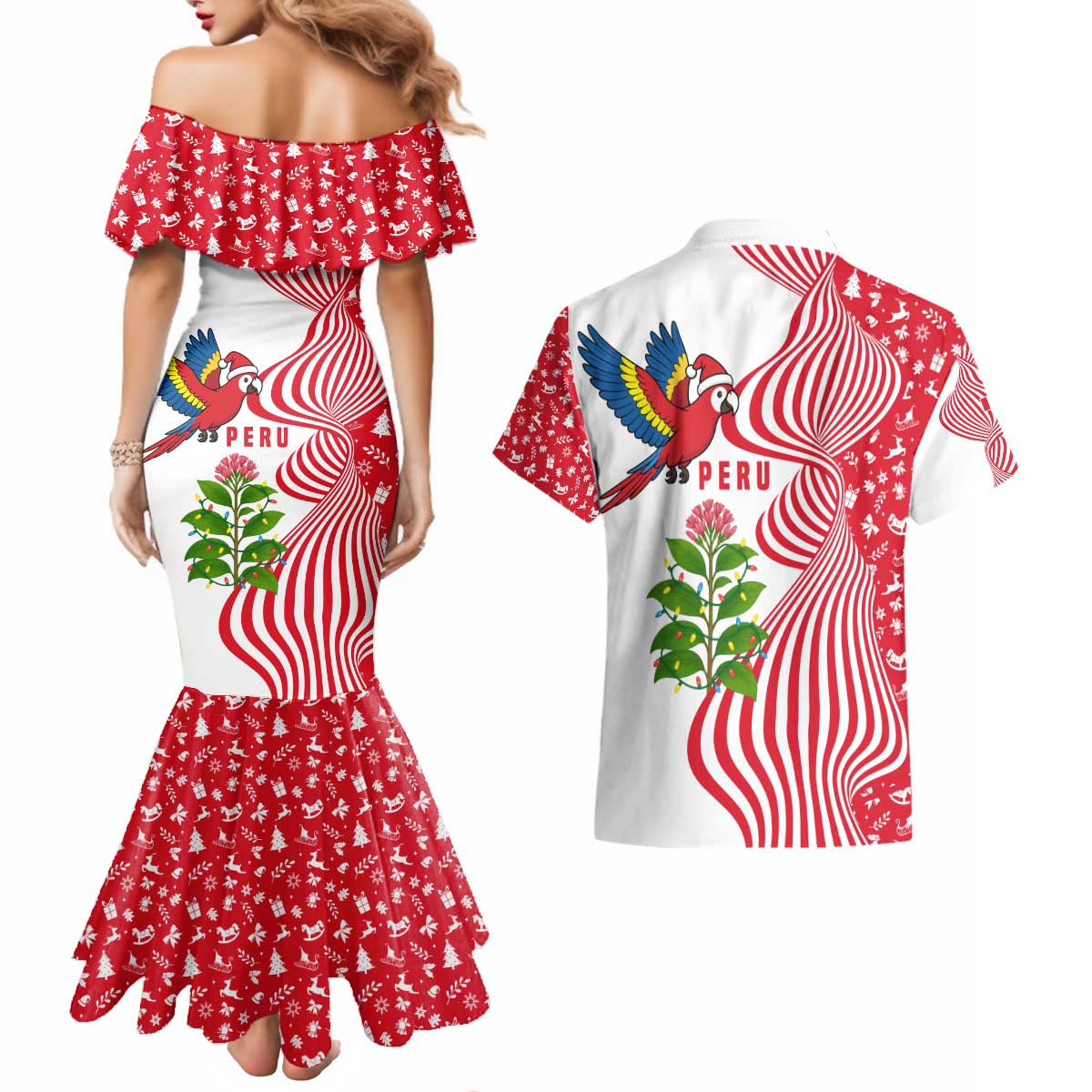 Peru Christmas Couples Matching Mermaid Dress and Hawaiian Shirt with Santa Macaw Cantuta Flower Red Swirl Pattern and Festive Design - Wonder Print Shop