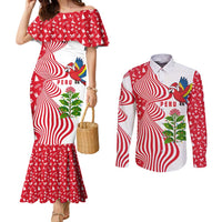 Peru Christmas Couples Matching Mermaid Dress and Long Sleeve Button Shirt with Santa Macaw Cantuta Flower Red Swirl Pattern and Festive Design - Wonder Print Shop