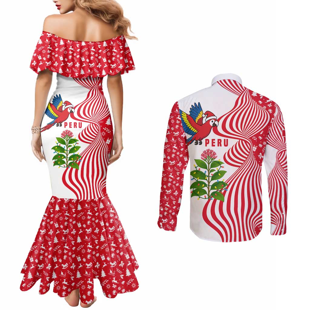 Peru Christmas Couples Matching Mermaid Dress and Long Sleeve Button Shirt with Santa Macaw Cantuta Flower Red Swirl Pattern and Festive Design - Wonder Print Shop