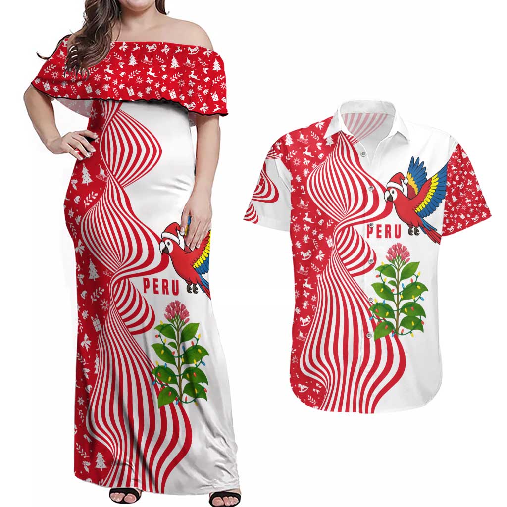 Peru Christmas Couples Matching Off Shoulder Maxi Dress and Hawaiian Shirt with Santa Macaw Cantuta Flower Red Swirl Pattern and Festive Design - Wonder Print Shop