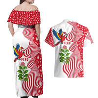 Peru Christmas Couples Matching Off Shoulder Maxi Dress and Hawaiian Shirt with Santa Macaw Cantuta Flower Red Swirl Pattern and Festive Design - Wonder Print Shop
