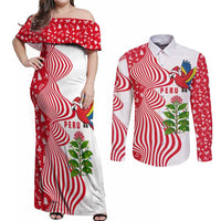 Peru Christmas Couples Matching Off Shoulder Maxi Dress and Long Sleeve Button Shirt with Santa Macaw Cantuta Flower Red Swirl Pattern and Festive Design - Wonder Print Shop