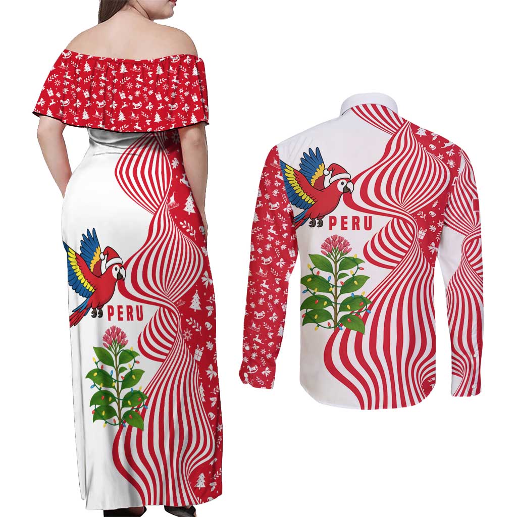 Peru Christmas Couples Matching Off Shoulder Maxi Dress and Long Sleeve Button Shirt with Santa Macaw Cantuta Flower Red Swirl Pattern and Festive Design - Wonder Print Shop