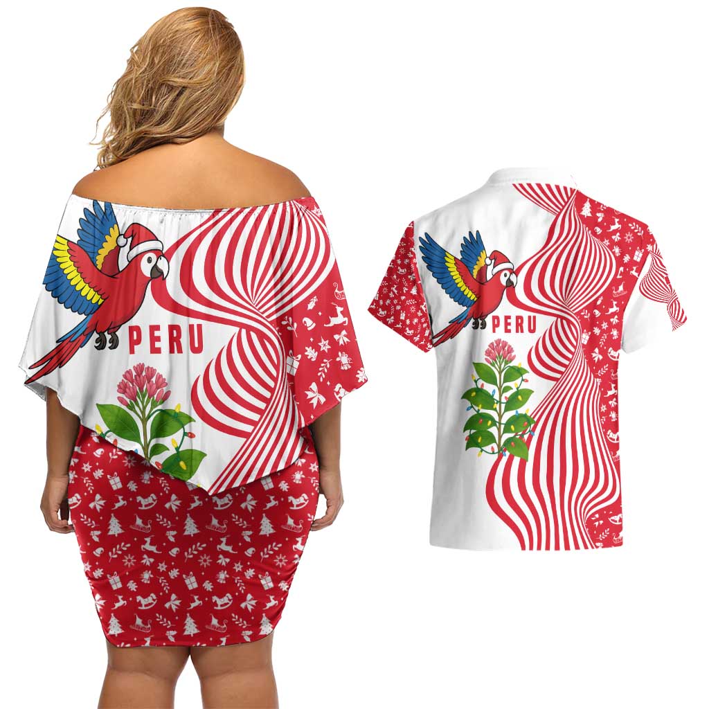 Peru Christmas Couples Matching Off Shoulder Short Dress and Hawaiian Shirt with Santa Macaw Cantuta Flower Red Swirl Pattern and Festive Design - Wonder Print Shop