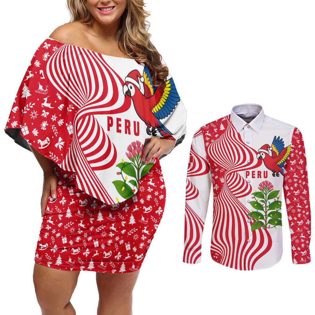 Peru Christmas Couples Matching Off Shoulder Short Dress and Long Sleeve Button Shirt with Santa Macaw Cantuta Flower Red Swirl Pattern and Festive Design - Wonder Print Shop