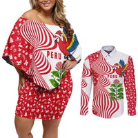 Peru Christmas Couples Matching Off Shoulder Short Dress and Long Sleeve Button Shirt with Santa Macaw Cantuta Flower Red Swirl Pattern and Festive Design - Wonder Print Shop