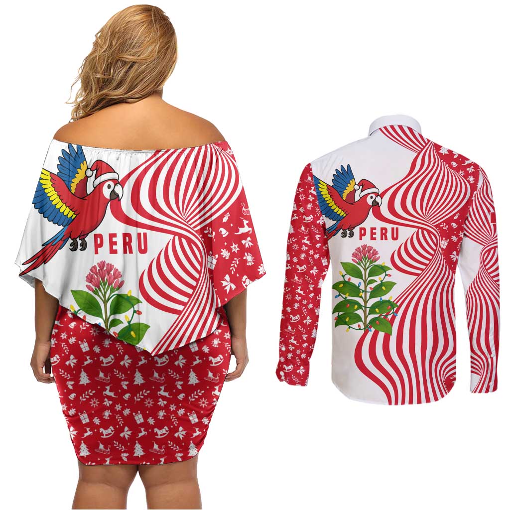 Peru Christmas Couples Matching Off Shoulder Short Dress and Long Sleeve Button Shirt with Santa Macaw Cantuta Flower Red Swirl Pattern and Festive Design - Wonder Print Shop