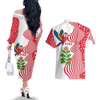 Peru Christmas Couples Matching Off The Shoulder Long Sleeve Dress and Hawaiian Shirt with Santa Macaw Cantuta Flower Red Swirl Pattern and Festive Design - Wonder Print Shop