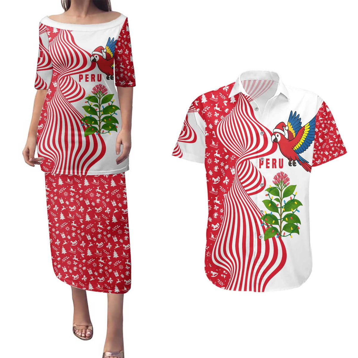 Peru Christmas Couples Matching Puletasi and Hawaiian Shirt with Santa Macaw Cantuta Flower Red Swirl Pattern and Festive Design - Wonder Print Shop