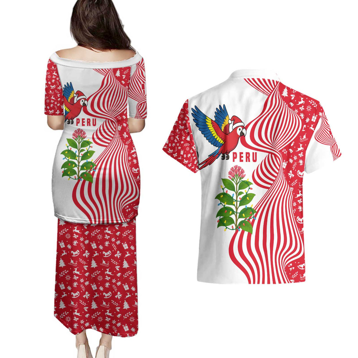 Peru Christmas Couples Matching Puletasi and Hawaiian Shirt with Santa Macaw Cantuta Flower Red Swirl Pattern and Festive Design - Wonder Print Shop