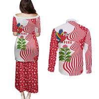 Peru Christmas Couples Matching Puletasi and Long Sleeve Button Shirt with Santa Macaw Cantuta Flower Red Swirl Pattern and Festive Design - Wonder Print Shop