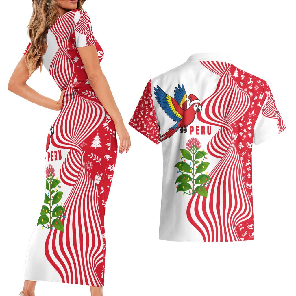 Peru Christmas Couples Matching Short Sleeve Bodycon Dress and Hawaiian Shirt with Santa Macaw Cantuta Flower Red Swirl Pattern and Festive Design - Wonder Print Shop