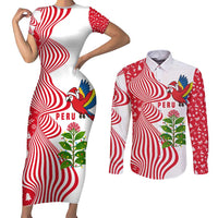 Peru Christmas Couples Matching Short Sleeve Bodycon Dress and Long Sleeve Button Shirt with Santa Macaw Cantuta Flower Red Swirl Pattern and Festive Design - Wonder Print Shop