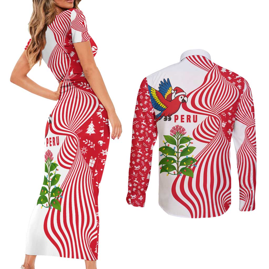 Peru Christmas Couples Matching Short Sleeve Bodycon Dress and Long Sleeve Button Shirt with Santa Macaw Cantuta Flower Red Swirl Pattern and Festive Design - Wonder Print Shop