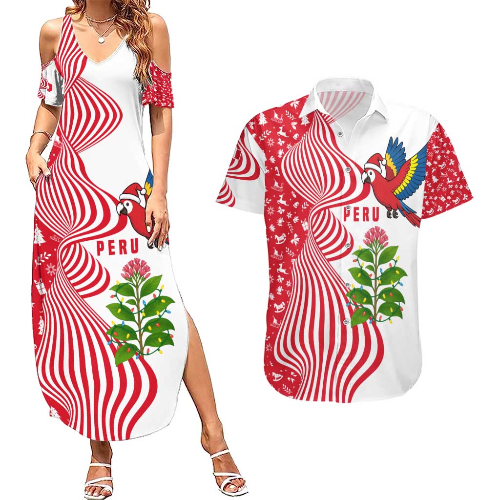 Peru Christmas Couples Matching Summer Maxi Dress and Hawaiian Shirt with Santa Macaw Cantuta Flower Red Swirl Pattern and Festive Design - Wonder Print Shop