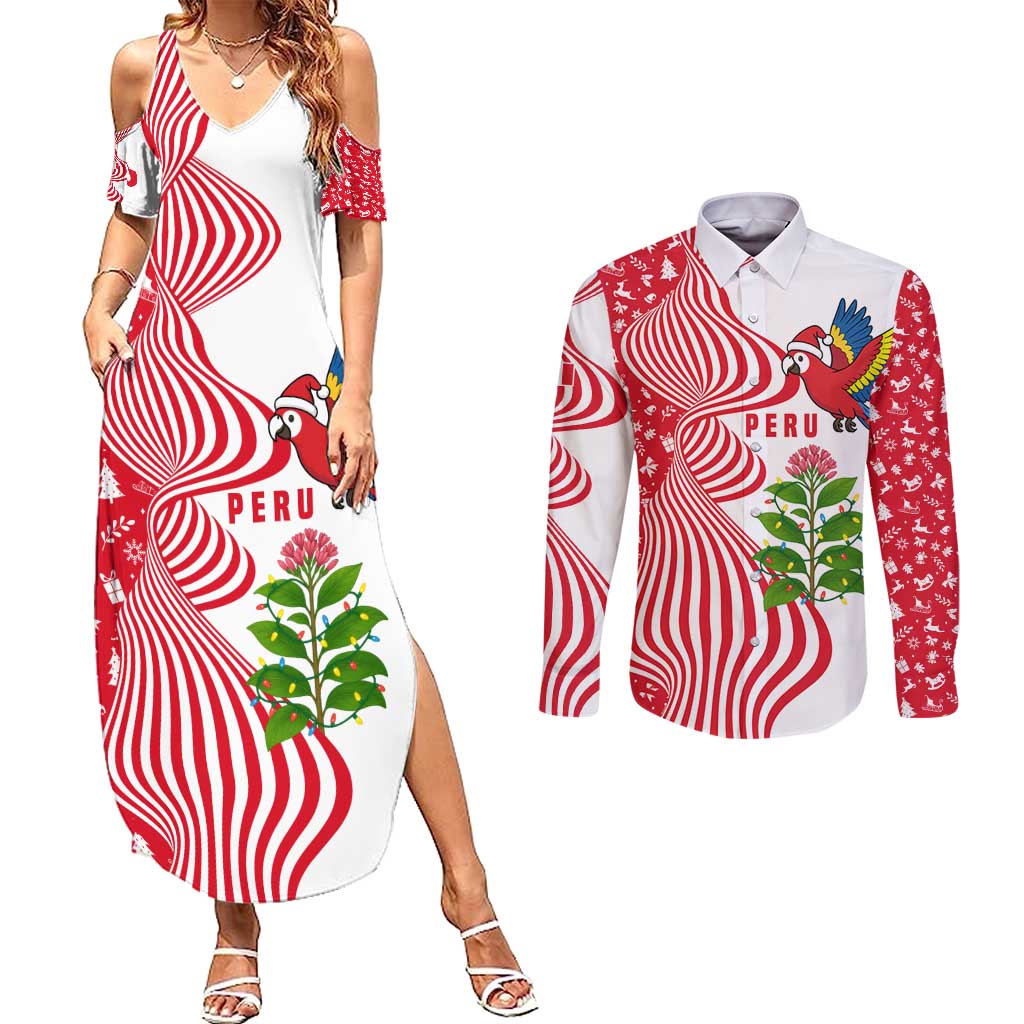 Peru Christmas Couples Matching Summer Maxi Dress and Long Sleeve Button Shirt with Santa Macaw Cantuta Flower Red Swirl Pattern and Festive Design - Wonder Print Shop