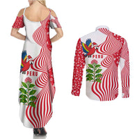 Peru Christmas Couples Matching Summer Maxi Dress and Long Sleeve Button Shirt with Santa Macaw Cantuta Flower Red Swirl Pattern and Festive Design - Wonder Print Shop