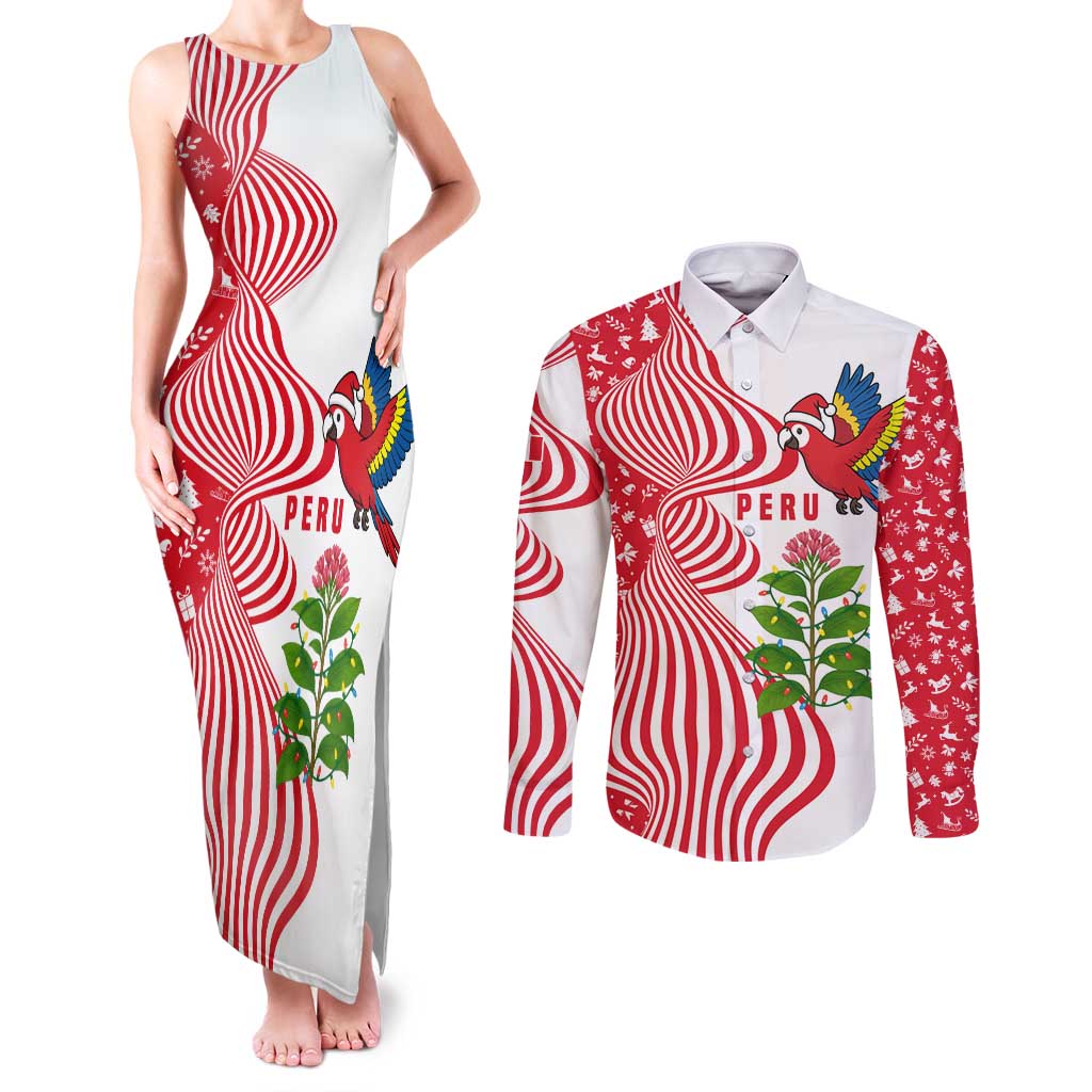 Peru Christmas Couples Matching Tank Maxi Dress and Long Sleeve Button Shirt with Santa Macaw Cantuta Flower Red Swirl Pattern and Festive Design - Wonder Print Shop