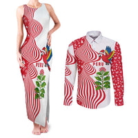 Peru Christmas Couples Matching Tank Maxi Dress and Long Sleeve Button Shirt with Santa Macaw Cantuta Flower Red Swirl Pattern and Festive Design - Wonder Print Shop