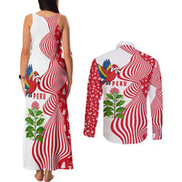 Peru Christmas Couples Matching Tank Maxi Dress and Long Sleeve Button Shirt with Santa Macaw Cantuta Flower Red Swirl Pattern and Festive Design - Wonder Print Shop