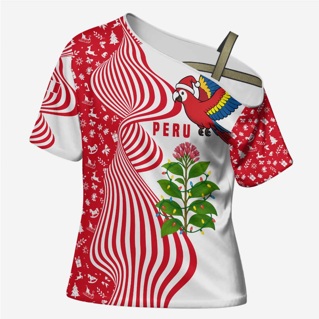 Peru Christmas Cross Shoulder Shirt with Santa Macaw Cantuta Flower Red Swirl Pattern and Festive Design - Wonder Print Shop
