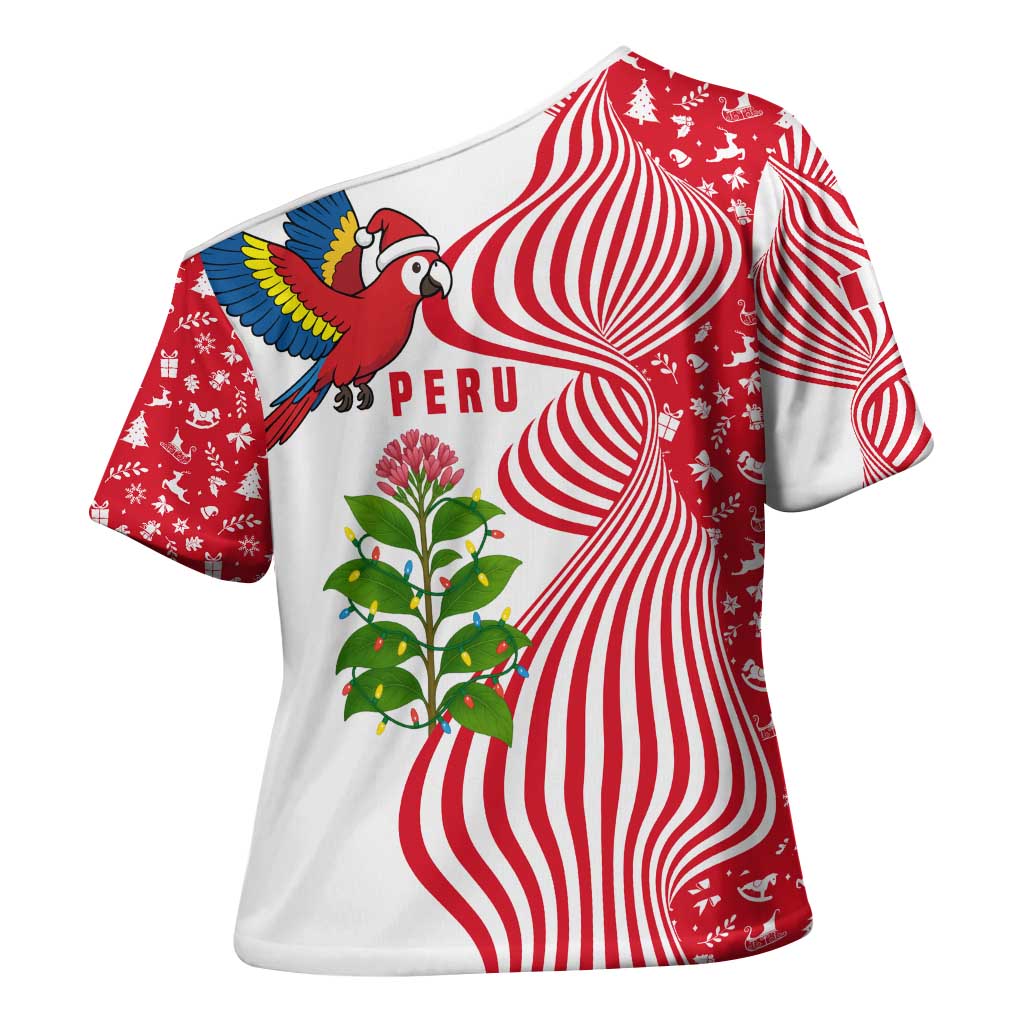 Peru Christmas Cross Shoulder Shirt with Santa Macaw Cantuta Flower Red Swirl Pattern and Festive Design - Wonder Print Shop