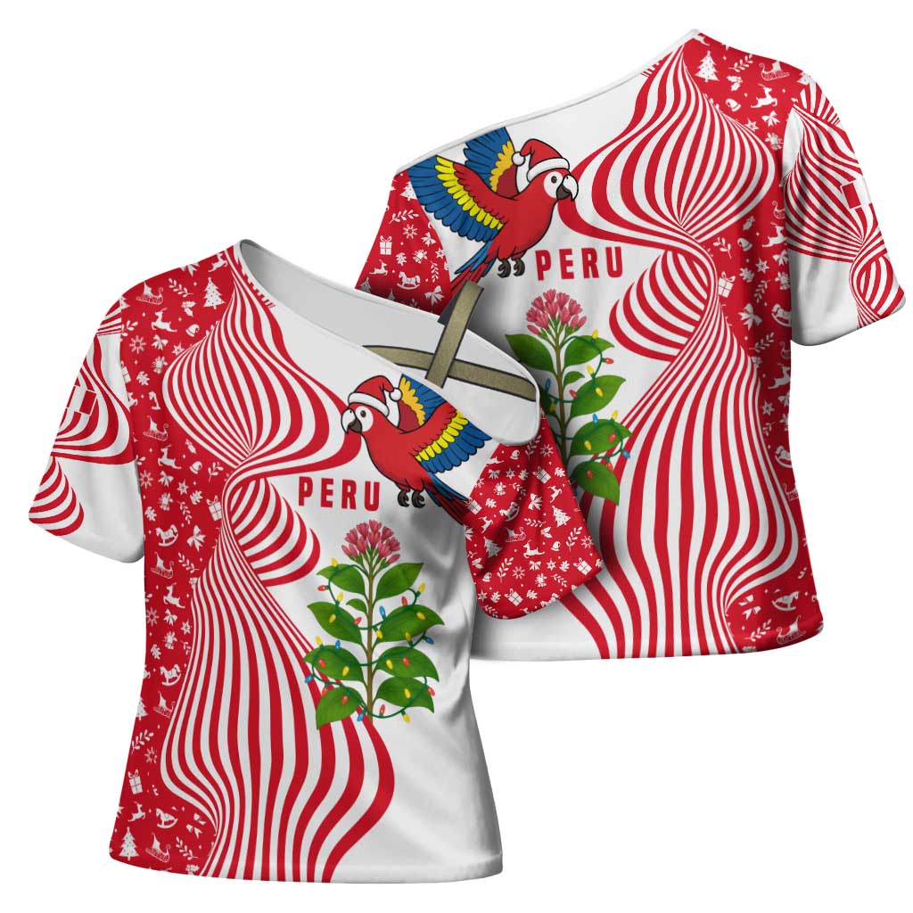 Peru Christmas Cross Shoulder Shirt with Santa Macaw Cantuta Flower Red Swirl Pattern and Festive Design - Wonder Print Shop