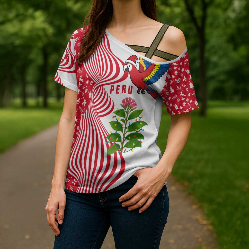 Peru Christmas Cross Shoulder Shirt with Santa Macaw Cantuta Flower Red Swirl Pattern and Festive Design - Wonder Print Shop