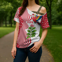 Peru Christmas Cross Shoulder Shirt with Santa Macaw Cantuta Flower Red Swirl Pattern and Festive Design - Wonder Print Shop