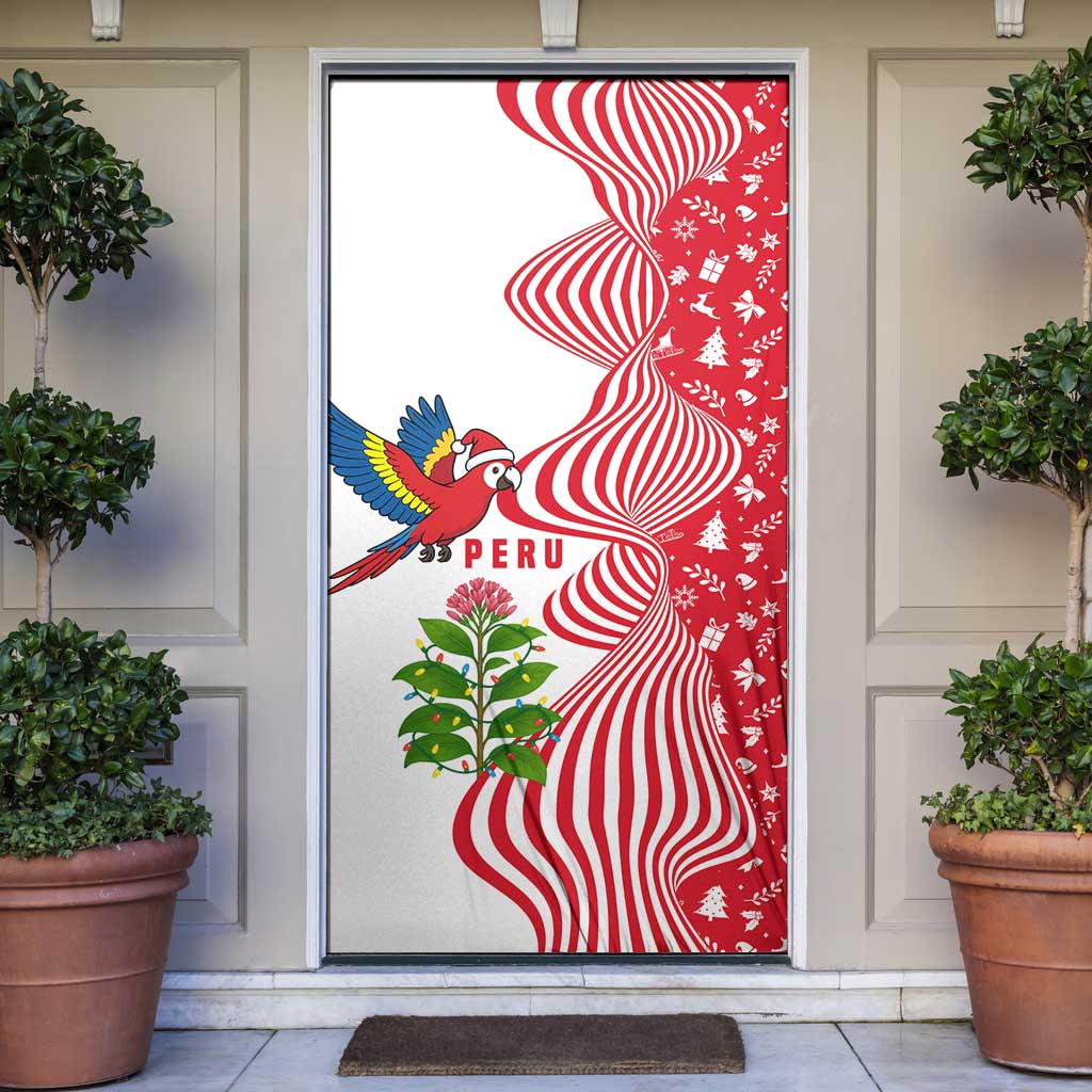 Peru Christmas Door Cover with Santa Macaw Cantuta Flower Red Swirl Pattern and Festive Design - Wonder Print Shop