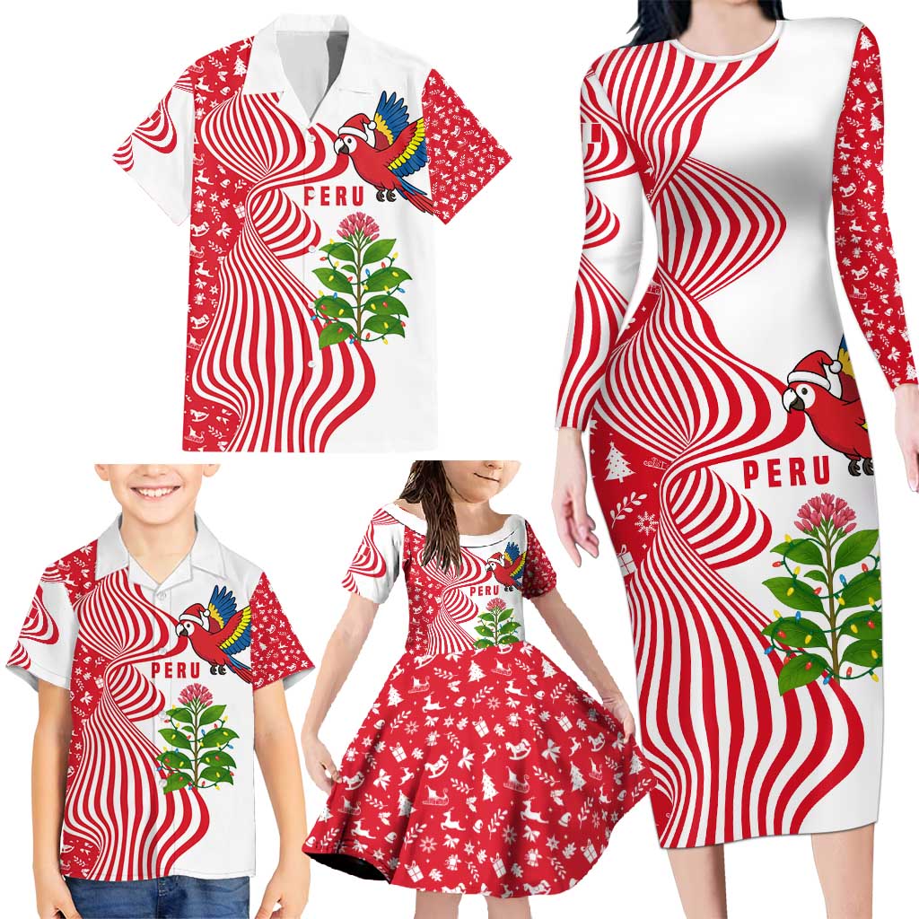 Peru Christmas Family Matching Long Sleeve Bodycon Dress and Hawaiian Shirt with Santa Macaw Cantuta Flower Red Swirl Pattern and Festive Design - Wonder Print Shop