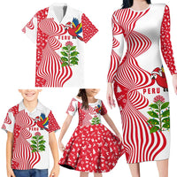 Peru Christmas Family Matching Long Sleeve Bodycon Dress and Hawaiian Shirt with Santa Macaw Cantuta Flower Red Swirl Pattern and Festive Design - Wonder Print Shop