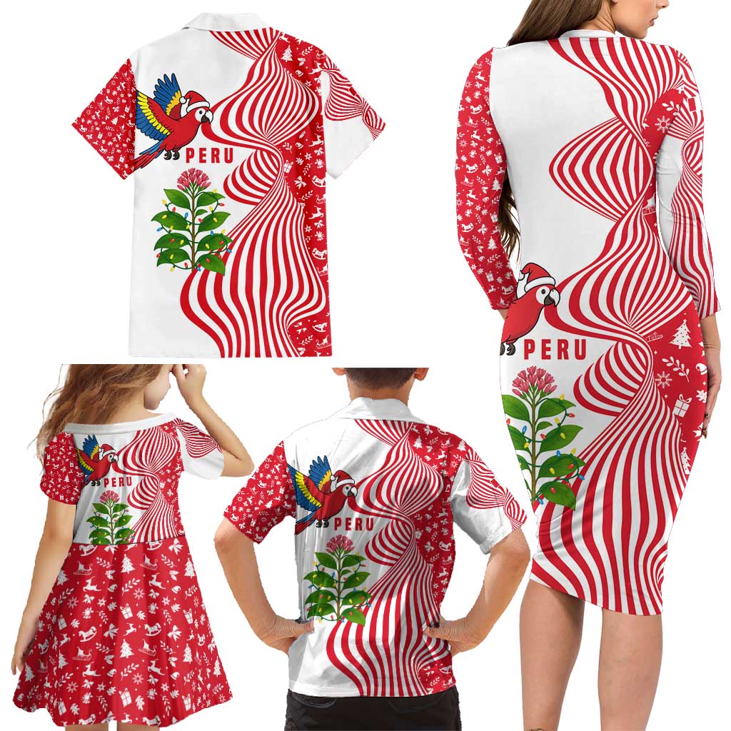 Peru Christmas Family Matching Long Sleeve Bodycon Dress and Hawaiian Shirt with Santa Macaw Cantuta Flower Red Swirl Pattern and Festive Design - Wonder Print Shop