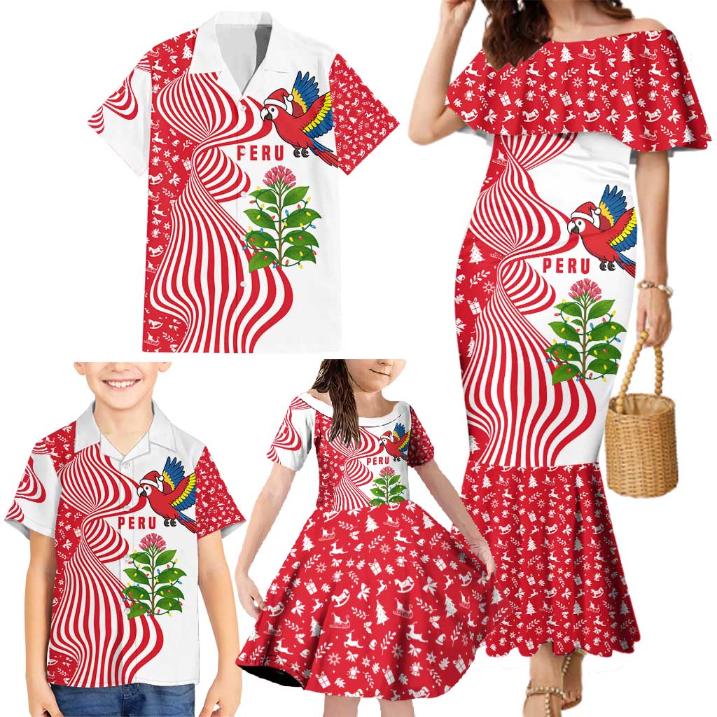 Peru Christmas Family Matching Mermaid Dress and Hawaiian Shirt with Santa Macaw Cantuta Flower Red Swirl Pattern and Festive Design - Wonder Print Shop