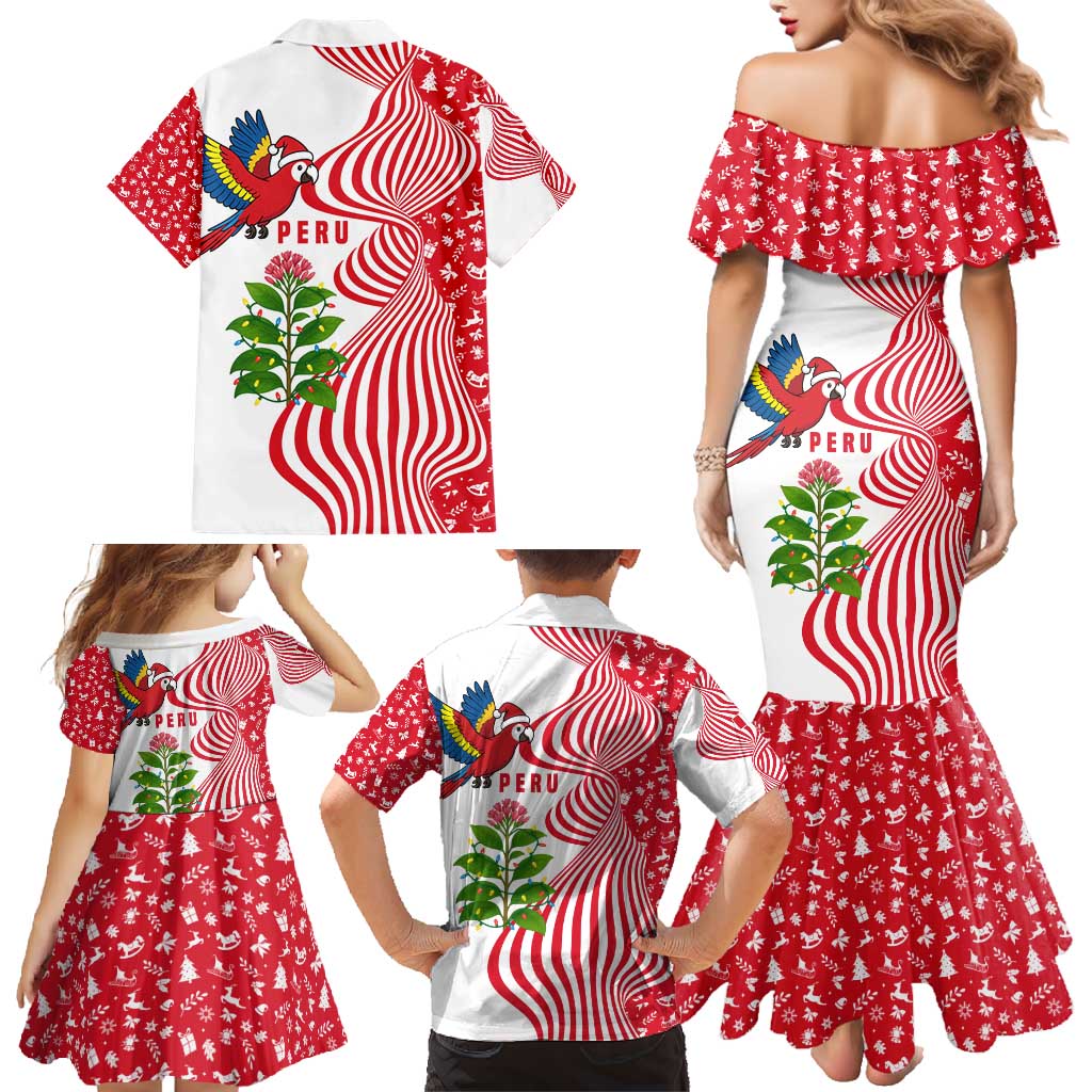 Peru Christmas Family Matching Mermaid Dress and Hawaiian Shirt with Santa Macaw Cantuta Flower Red Swirl Pattern and Festive Design - Wonder Print Shop