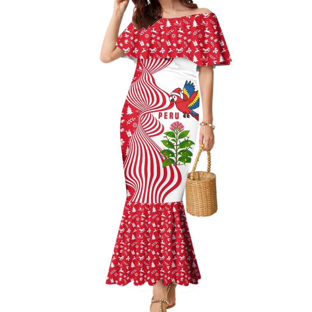 Peru Christmas Family Matching Mermaid Dress and Hawaiian Shirt with Santa Macaw Cantuta Flower Red Swirl Pattern and Festive Design - Wonder Print Shop