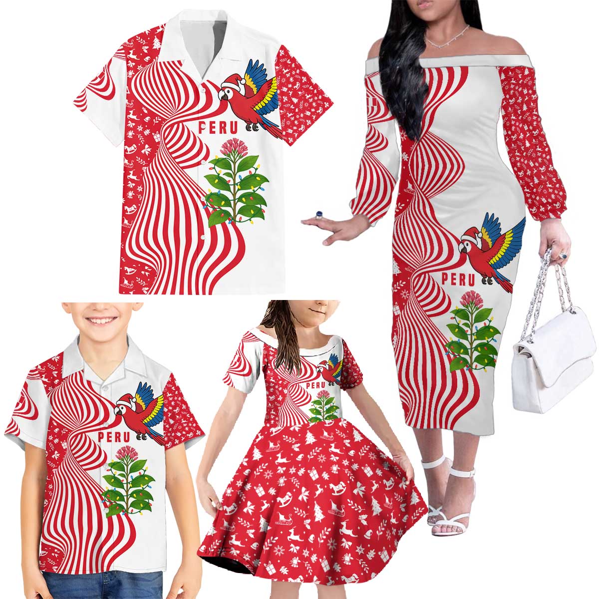 Peru Christmas Family Matching Off The Shoulder Long Sleeve Dress and Hawaiian Shirt with Santa Macaw Cantuta Flower Red Swirl Pattern and Festive Design - Wonder Print Shop