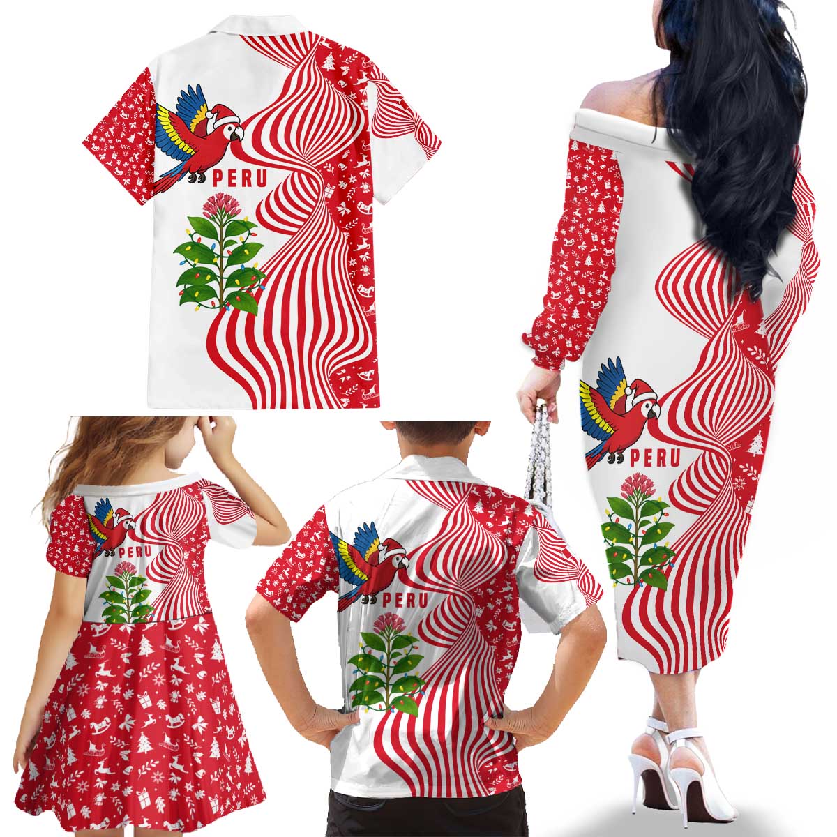 Peru Christmas Family Matching Off The Shoulder Long Sleeve Dress and Hawaiian Shirt with Santa Macaw Cantuta Flower Red Swirl Pattern and Festive Design - Wonder Print Shop