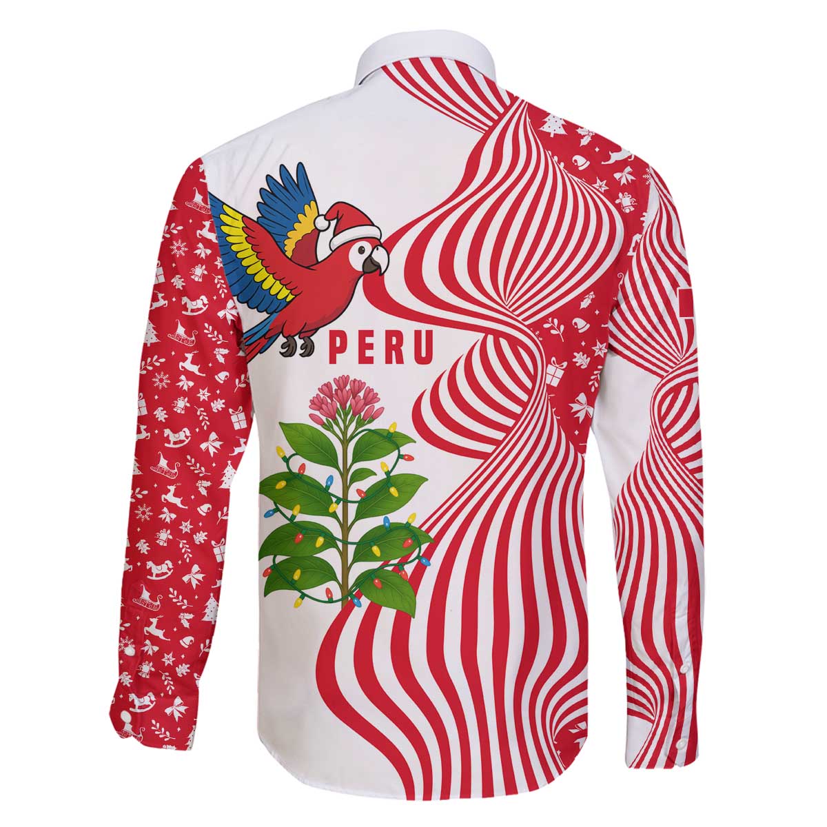 Peru Christmas Family Matching Off The Shoulder Long Sleeve Dress and Hawaiian Shirt with Santa Macaw Cantuta Flower Red Swirl Pattern and Festive Design - Wonder Print Shop