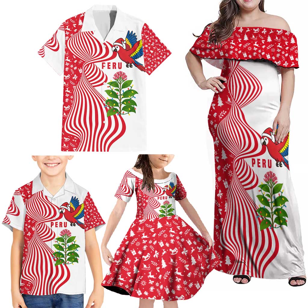 Peru Christmas Family Matching Off Shoulder Maxi Dress and Hawaiian Shirt with Santa Macaw Cantuta Flower Red Swirl Pattern and Festive Design - Wonder Print Shop
