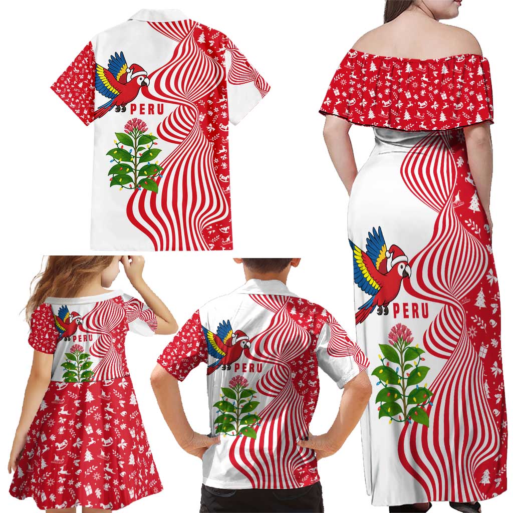 Peru Christmas Family Matching Off Shoulder Maxi Dress and Hawaiian Shirt with Santa Macaw Cantuta Flower Red Swirl Pattern and Festive Design - Wonder Print Shop