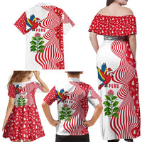 Peru Christmas Family Matching Off Shoulder Maxi Dress and Hawaiian Shirt with Santa Macaw Cantuta Flower Red Swirl Pattern and Festive Design - Wonder Print Shop