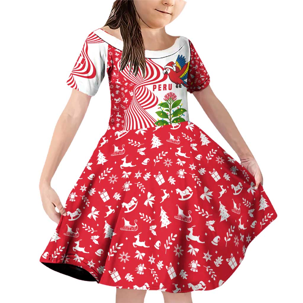 Peru Christmas Family Matching Off Shoulder Short Dress and Hawaiian Shirt with Santa Macaw Cantuta Flower Red Swirl Pattern and Festive Design - Wonder Print Shop