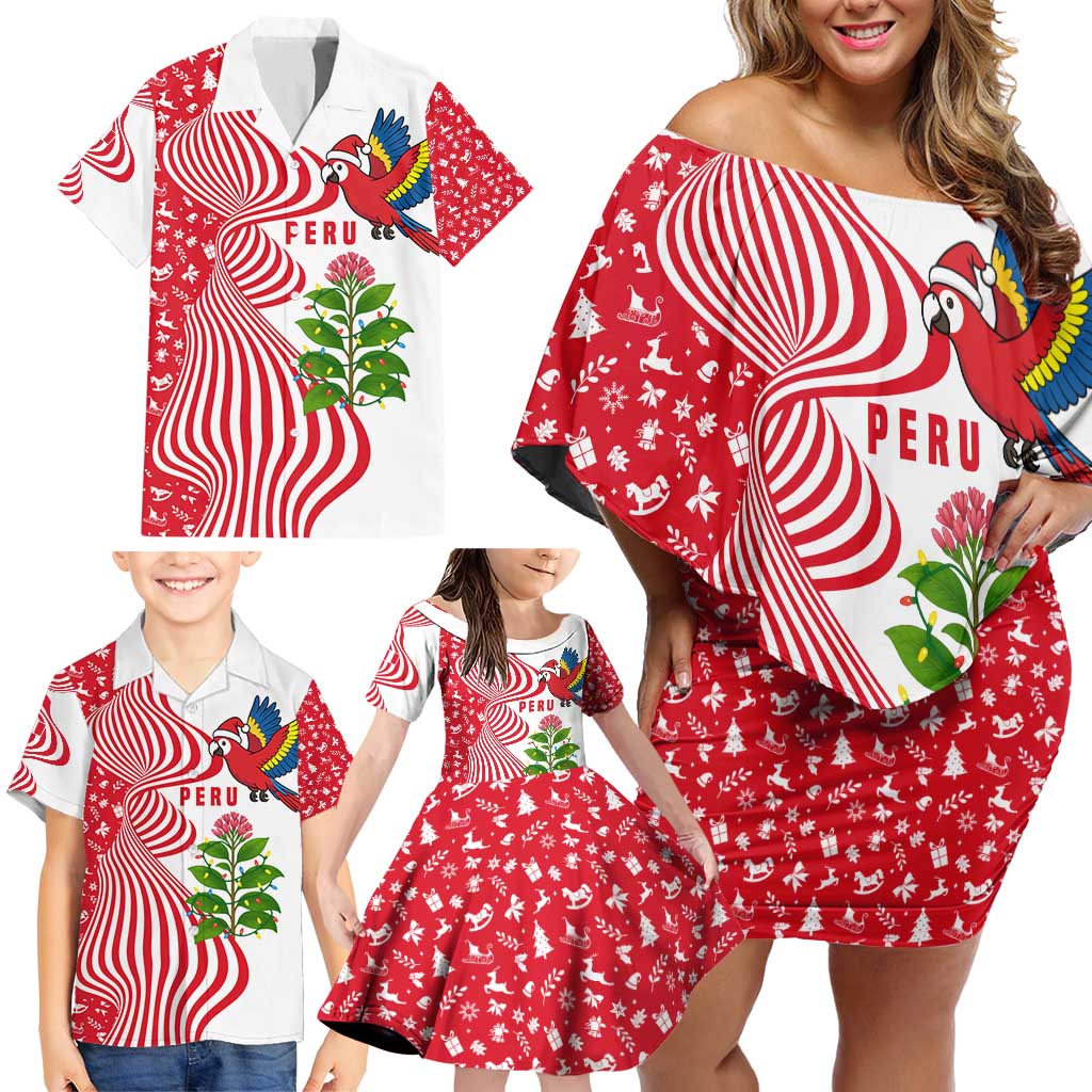Peru Christmas Family Matching Off Shoulder Short Dress and Hawaiian Shirt with Santa Macaw Cantuta Flower Red Swirl Pattern and Festive Design - Wonder Print Shop