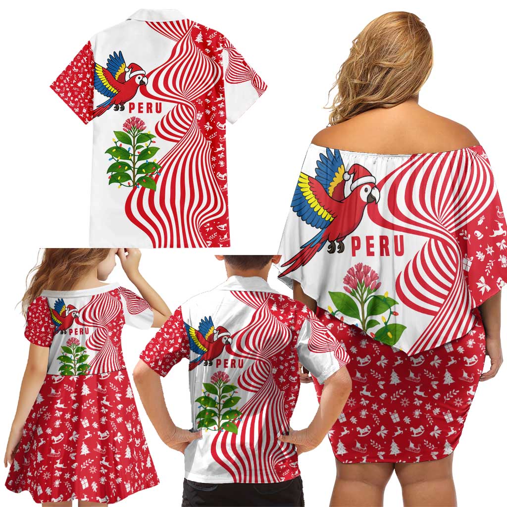 Peru Christmas Family Matching Off Shoulder Short Dress and Hawaiian Shirt with Santa Macaw Cantuta Flower Red Swirl Pattern and Festive Design - Wonder Print Shop