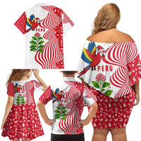 Peru Christmas Family Matching Off Shoulder Short Dress and Hawaiian Shirt with Santa Macaw Cantuta Flower Red Swirl Pattern and Festive Design - Wonder Print Shop