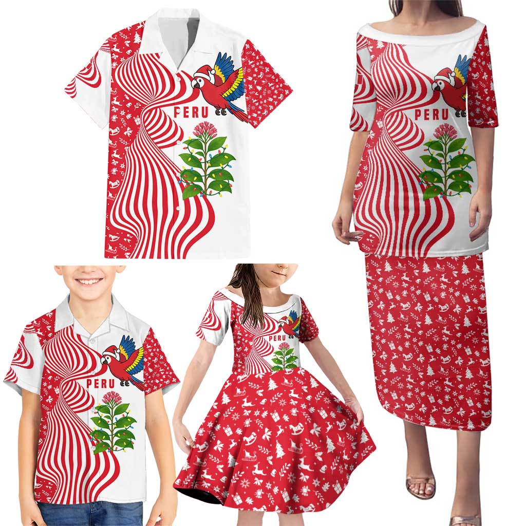 Peru Christmas Family Matching Puletasi and Hawaiian Shirt with Santa Macaw Cantuta Flower Red Swirl Pattern and Festive Design - Wonder Print Shop