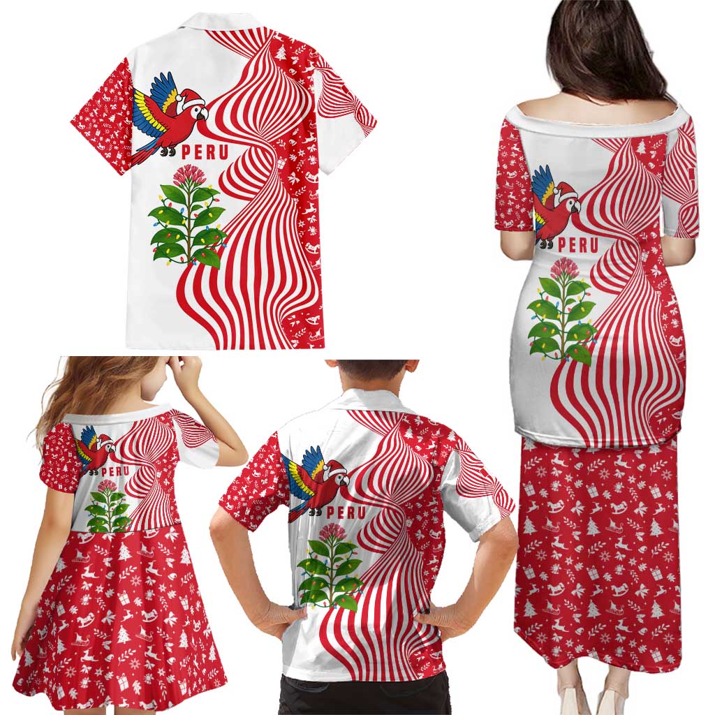 Peru Christmas Family Matching Puletasi and Hawaiian Shirt with Santa Macaw Cantuta Flower Red Swirl Pattern and Festive Design - Wonder Print Shop