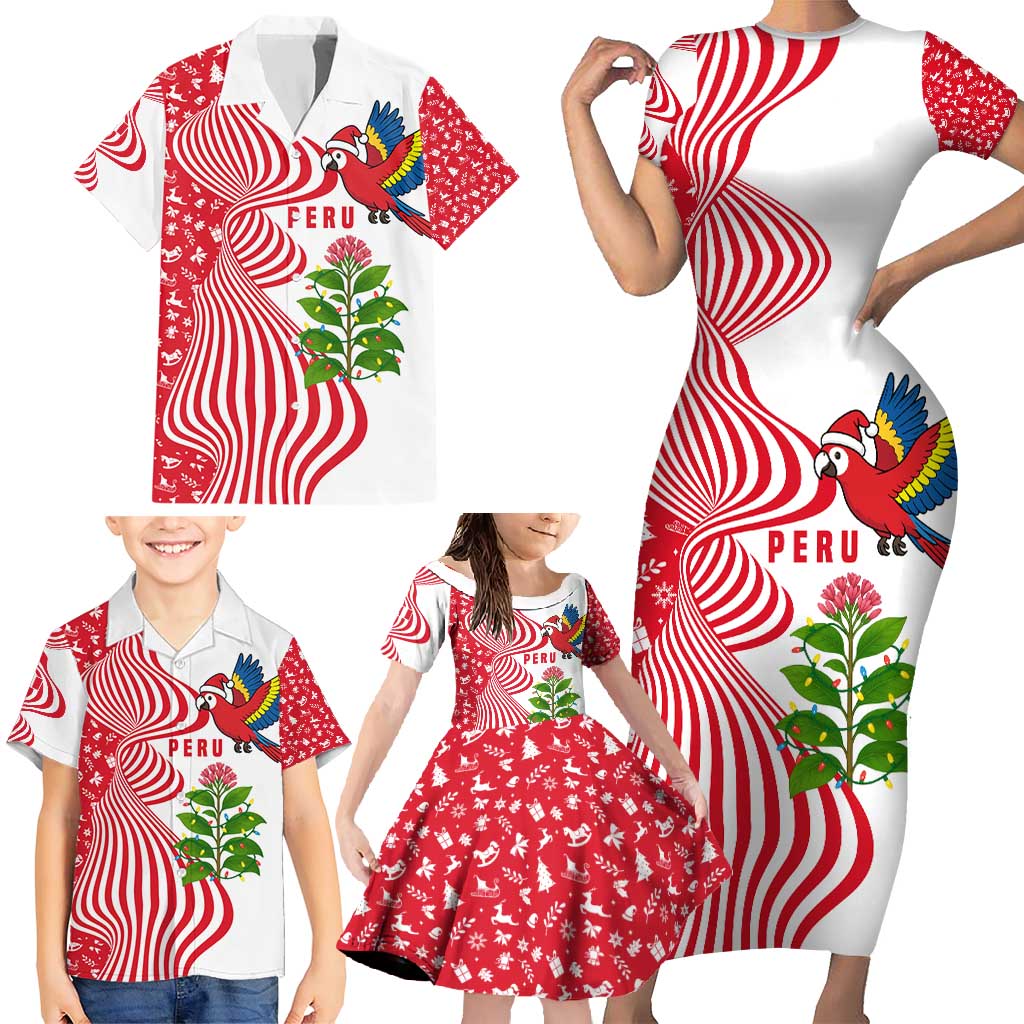 Peru Christmas Family Matching Short Sleeve Bodycon Dress and Hawaiian Shirt with Santa Macaw Cantuta Flower Red Swirl Pattern and Festive Design - Wonder Print Shop